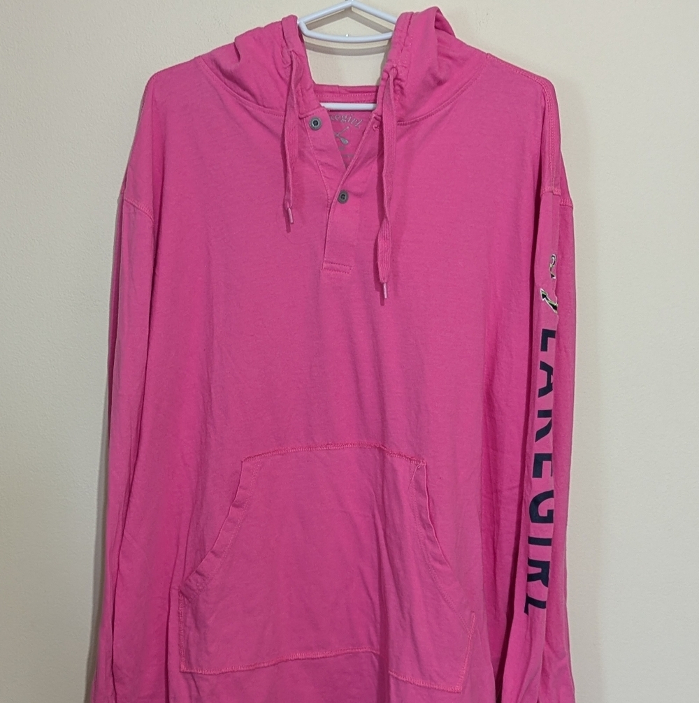 Lakegirl Pink Hooded Henley Shirt Women’s Large Anchor Sleeve Graphic Cotton